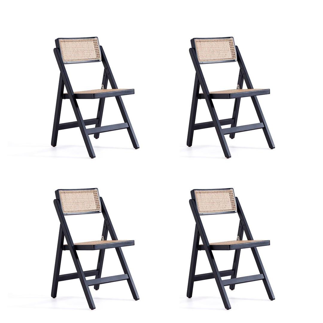 Manhattan Comfort Pullman Black & Natural Cane Folding Dining Chairs In A Set Of 4