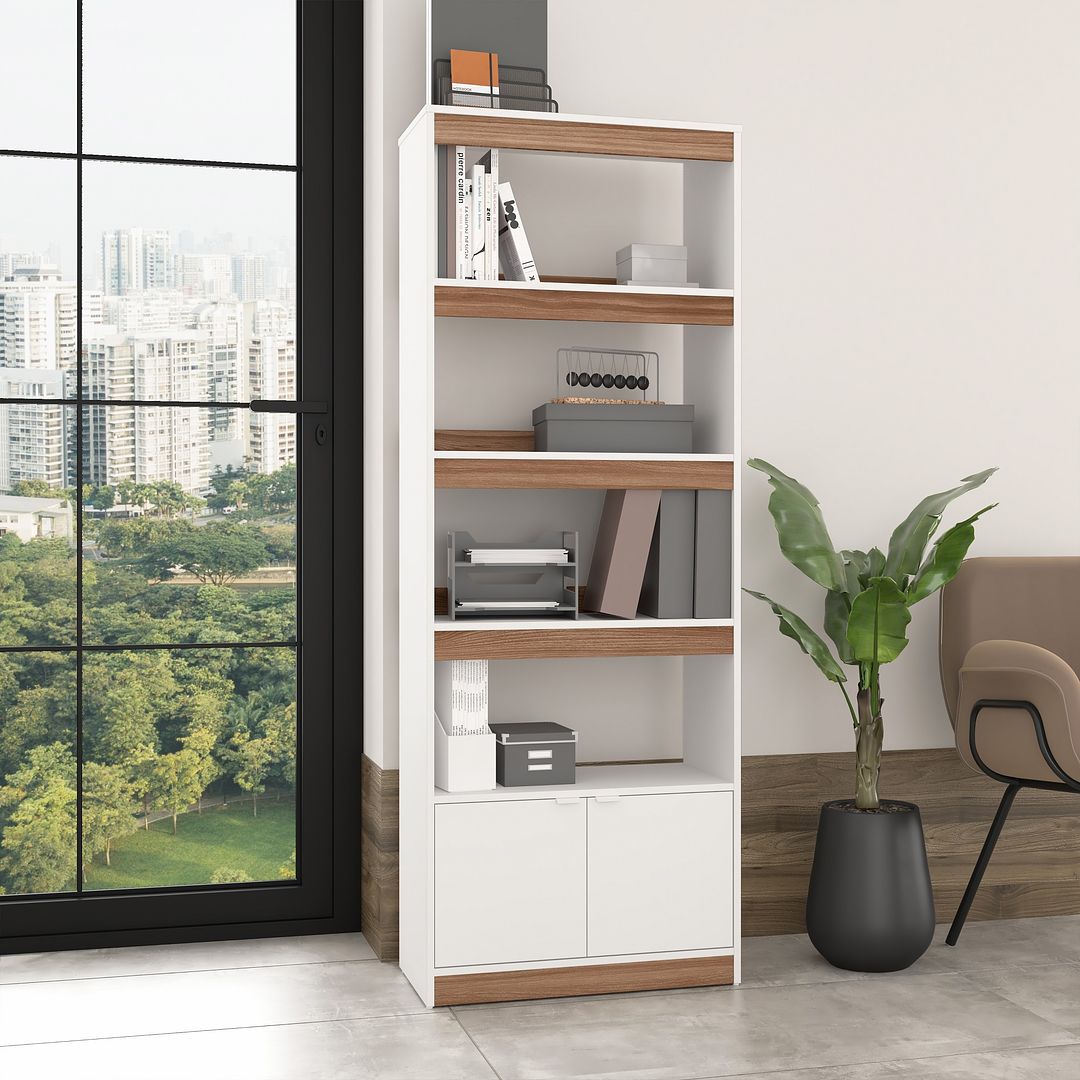 Manhattan Comfort Ratzer White & Brown Bookcase Cabinet With 5 Shelves