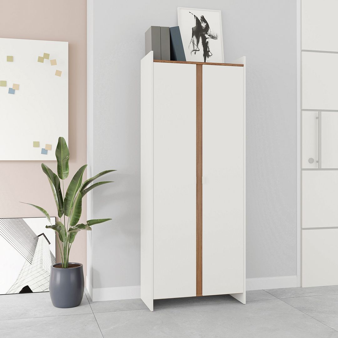 Manhattan Comfort Ratzer White & Brown Storage Cabinet With 11 Shelves