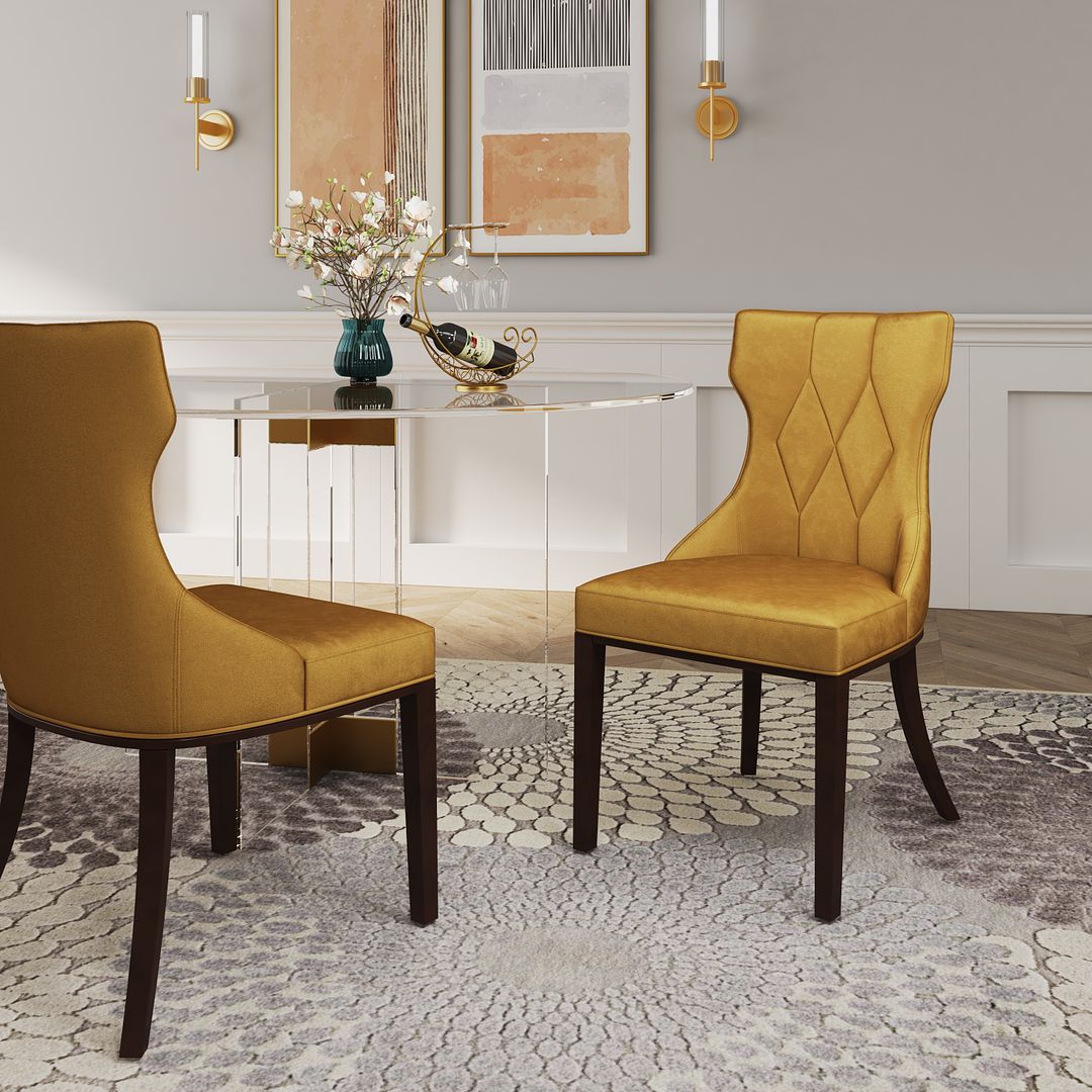 Manhattan Comfort Reine Antique Gold & Walnut Velvet Dining Chairs In A Set Of 2