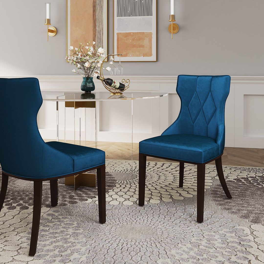 Manhattan Comfort Reine Cobalt Blue & Walnut Velvet Dining Chairs In A Set Of 2