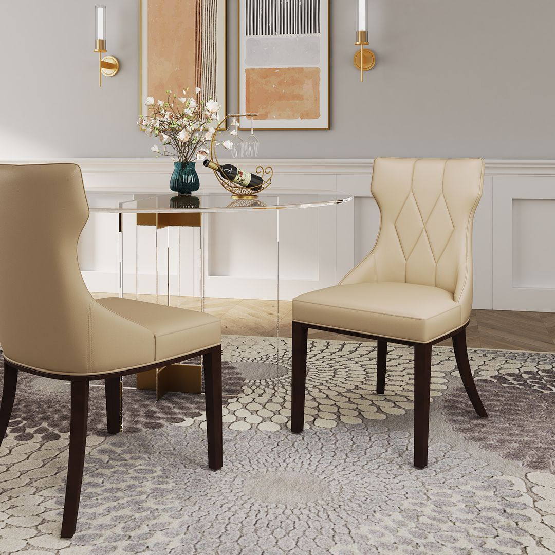 Manhattan Comfort Reine Cream & Walnut Faux Leather Dining Chairs In A Set Of 2