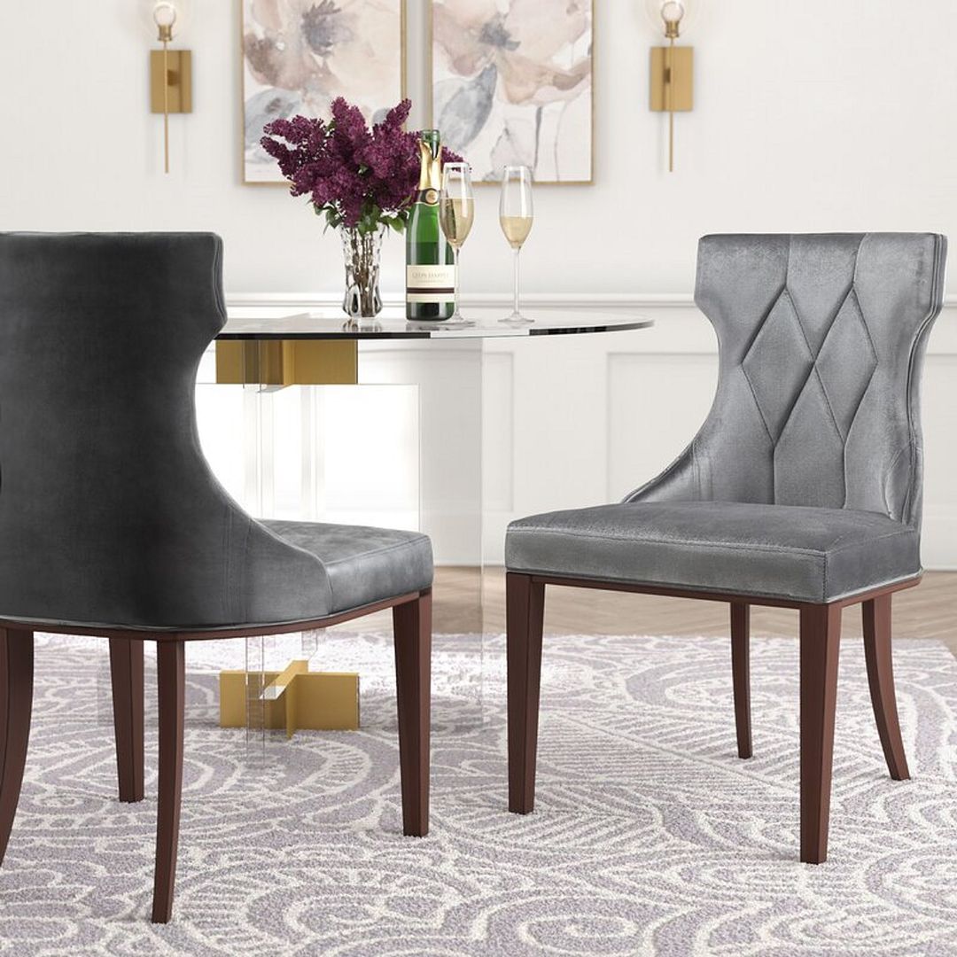 Manhattan Comfort Reine Gray & Walnut Velvet Dining Chairs In A Set Of 2