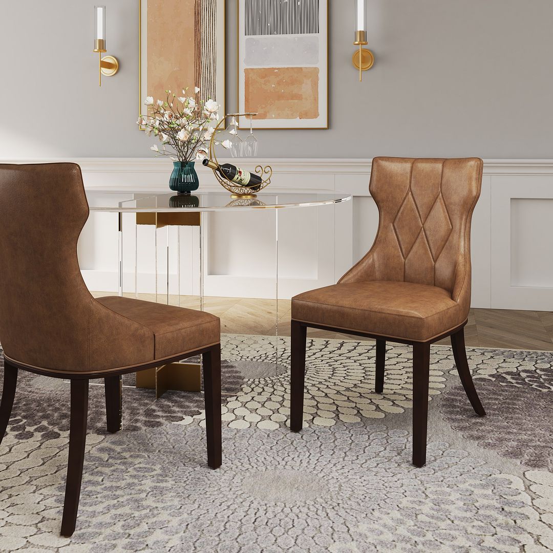 Manhattan Comfort Reine Saddle & Walnut Faux Leather Dining Chairs In A Set Of 2