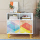Manhattan Comfort Retro Sideboard With 6 Shelves In White & Multi Color Red, Yellow, Blue Print