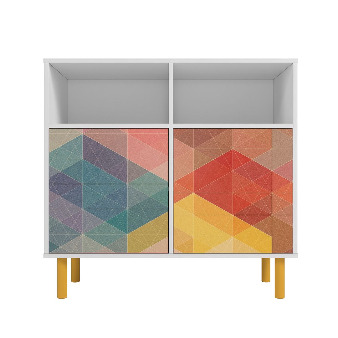 Manhattan Comfort Retro Sideboard With 6 Shelves In White & Multi Color Red, Yellow, Blue Print