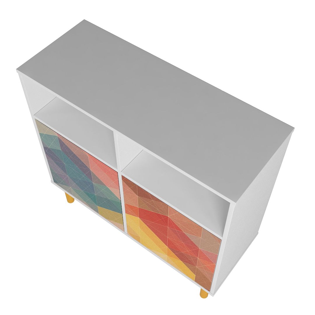 Manhattan Comfort Retro Sideboard With 6 Shelves In White & Multi Color Red, Yellow, Blue Print