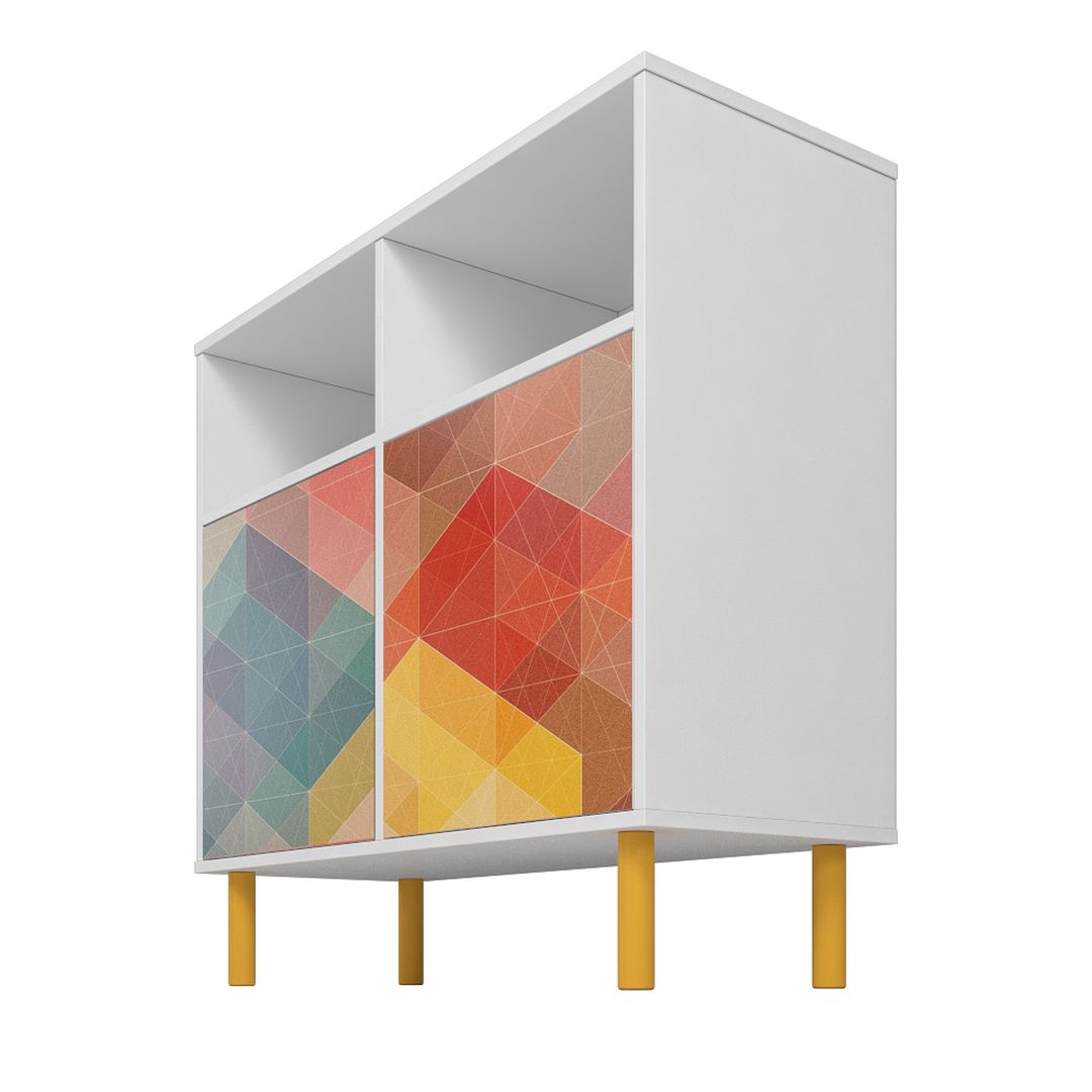 Manhattan Comfort Retro Sideboard With 6 Shelves In White & Multi Color Red, Yellow, Blue Print