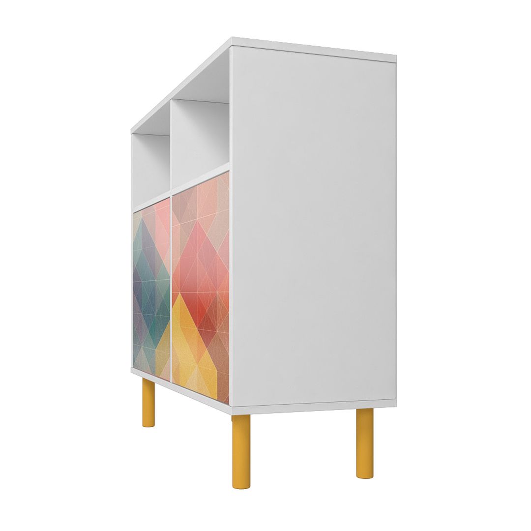 Manhattan Comfort Retro Sideboard With 6 Shelves In White & Multi Color Red, Yellow, Blue Print
