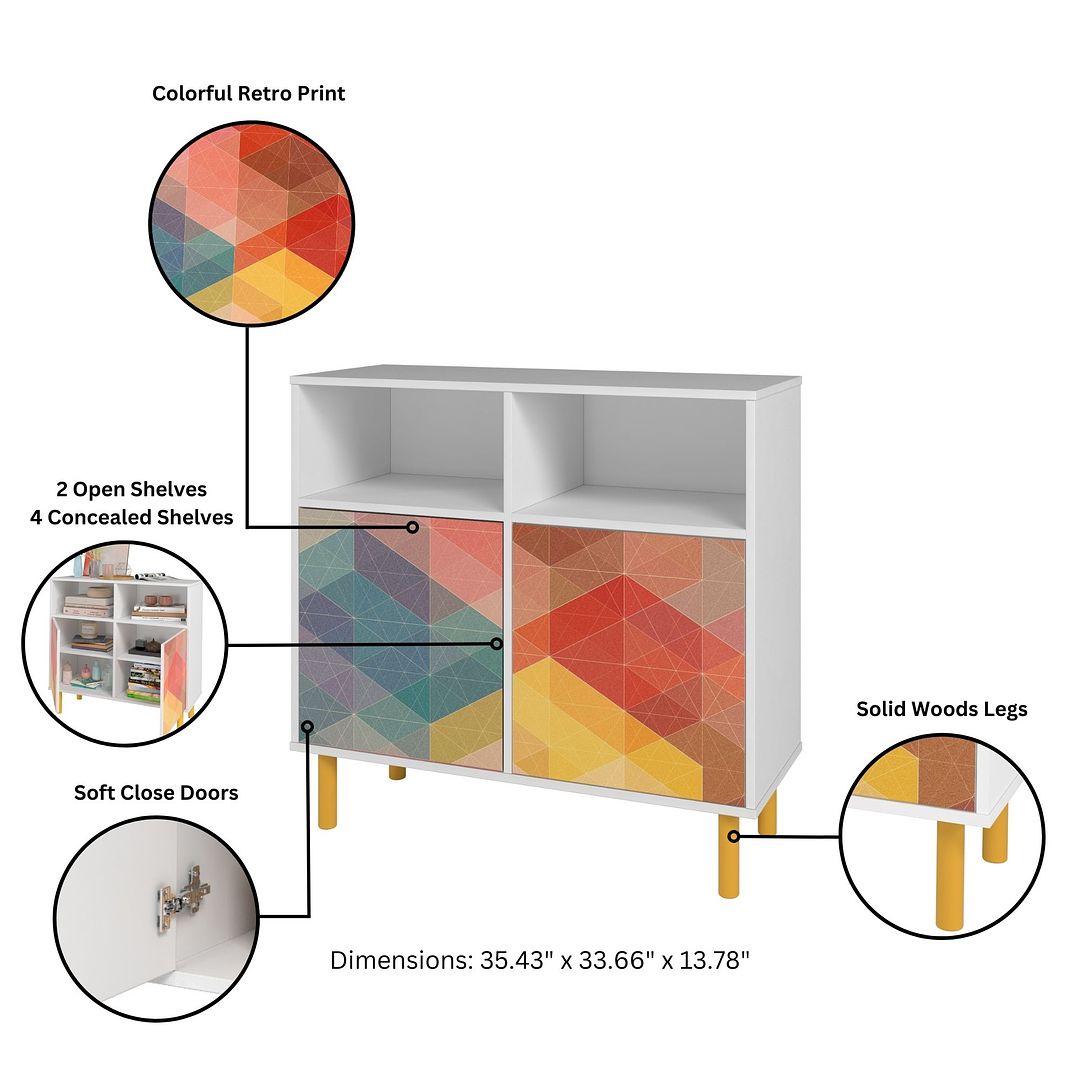 Manhattan Comfort Retro Sideboard With 6 Shelves In White & Multi Color Red, Yellow, Blue Print
