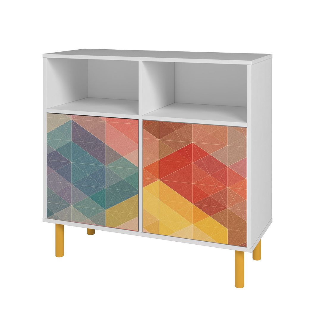 Manhattan Comfort Retro Sideboard With 6 Shelves In White & Multi Color Red, Yellow, Blue Print
