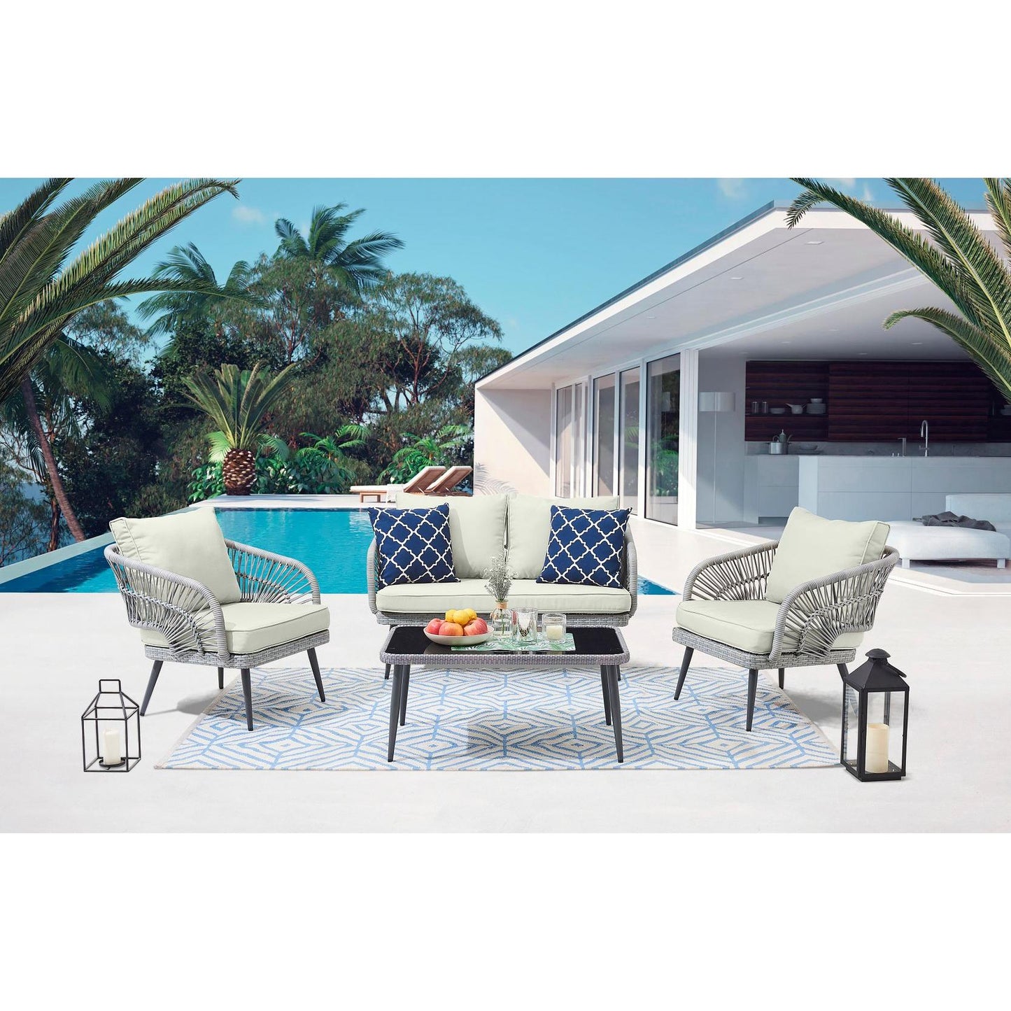 Manhattan Comfort Riviera Rope Wicker 4-Piece 4 Seater Patio Conversation Set With Cushions In Cream