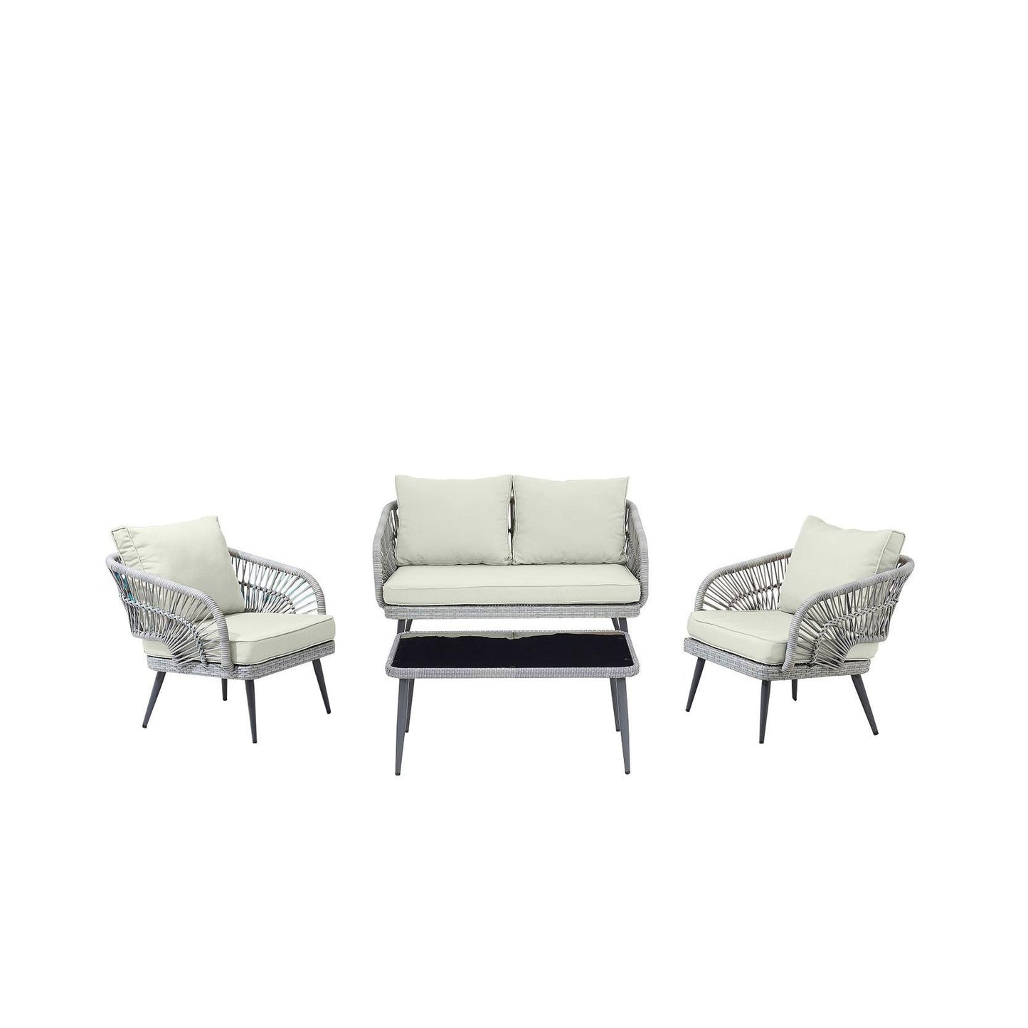 Manhattan Comfort Riviera Rope Wicker 4-Piece 4 Seater Patio Conversation Set With Cushions In Cream