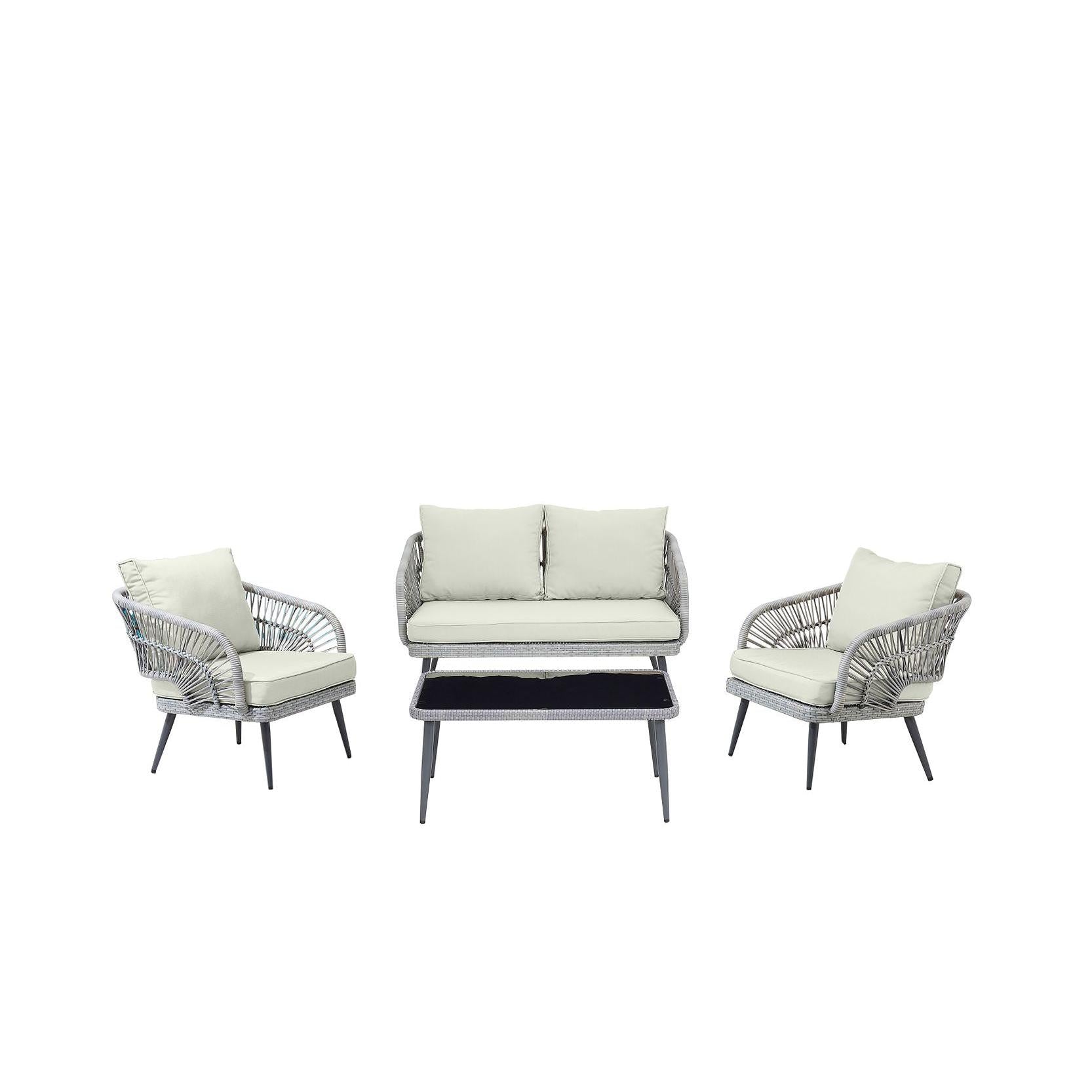 Manhattan Comfort Riviera Rope Wicker 4-Piece 4 Seater Patio Conversation Set With Cushions In Cream