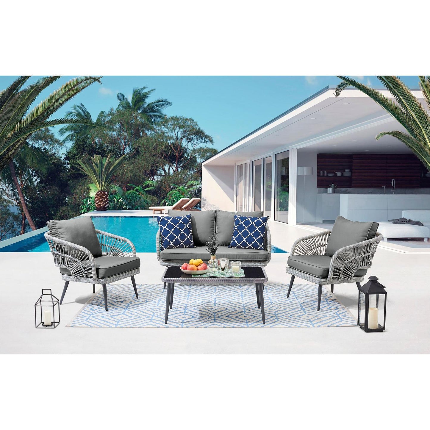 Manhattan Comfort Riviera Rope Wicker 4-Piece 4 Seater Patio Conversation Set With Cushions In Gray