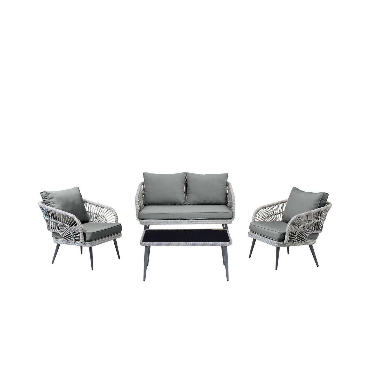 Manhattan Comfort Riviera Rope Wicker 4-Piece 4 Seater Patio Conversation Set With Cushions In Gray