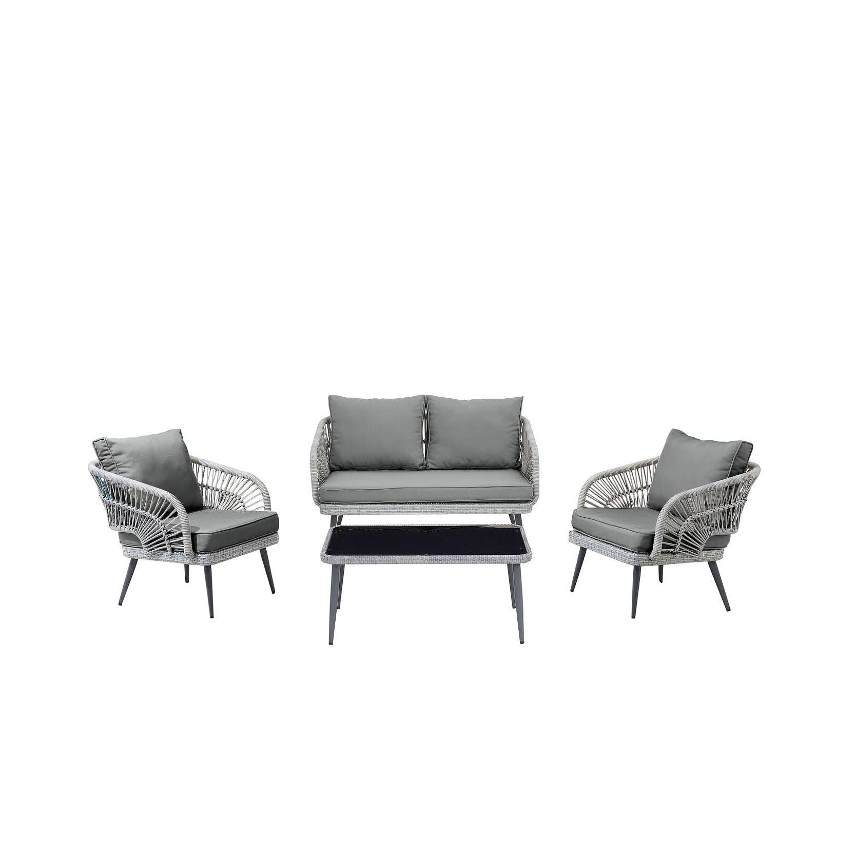 Manhattan Comfort Riviera Rope Wicker 4-Piece 4 Seater Patio Conversation Set With Cushions In Gray