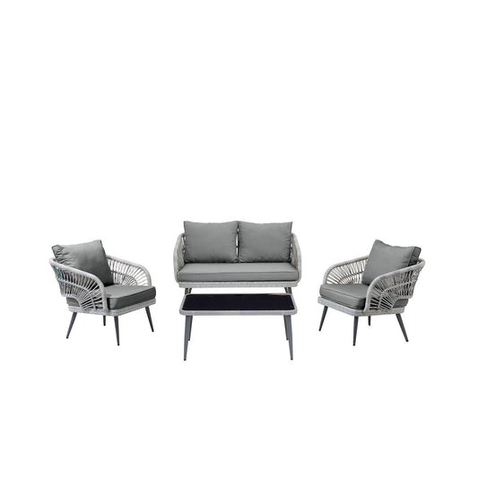 Manhattan Comfort Riviera Rope Wicker 4-Piece 4 Seater Patio Conversation Set With Cushions In Gray
