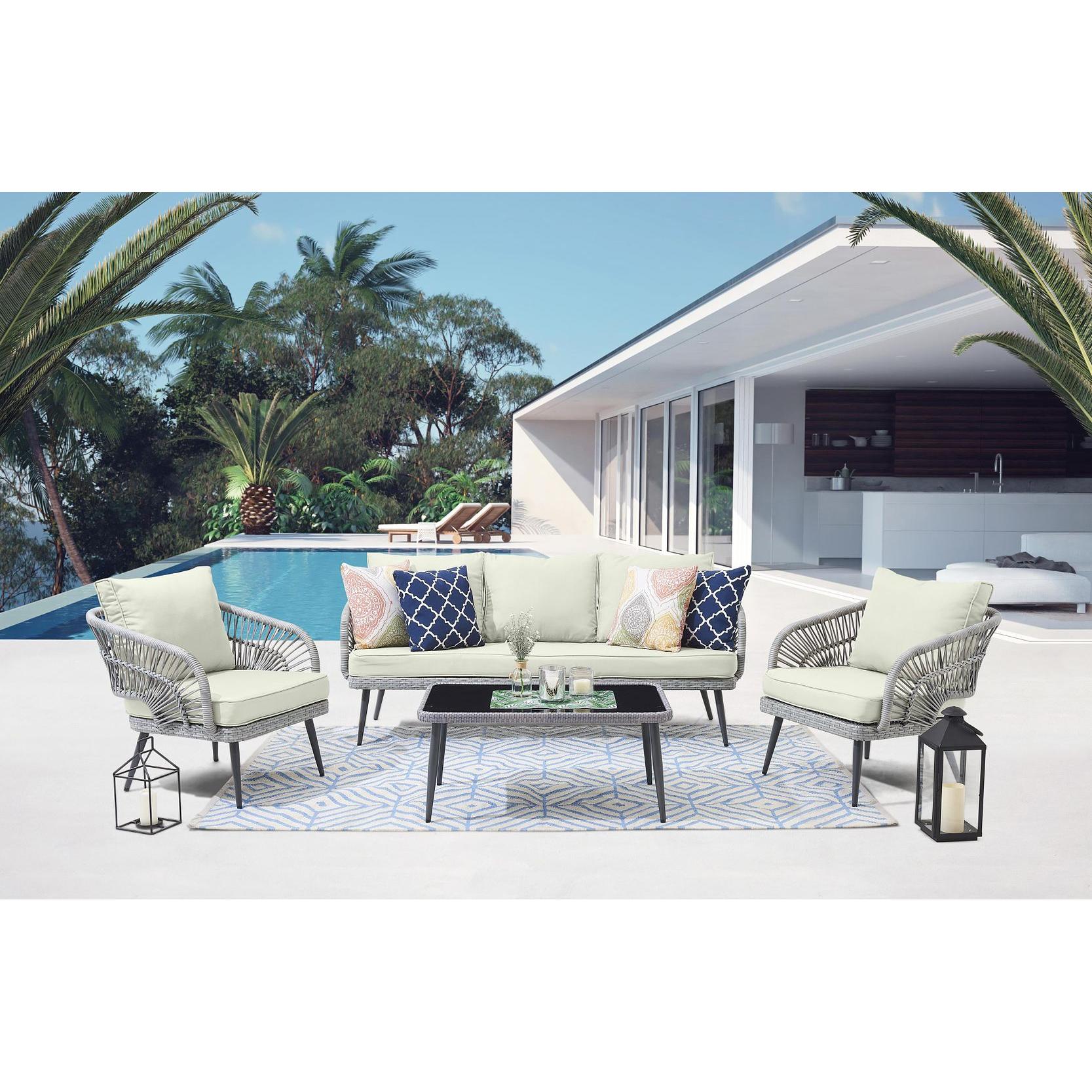 Manhattan Comfort Riviera Rope Wicker 4-Piece 5 Seater Patio Conversation Set With Cushions In Cream