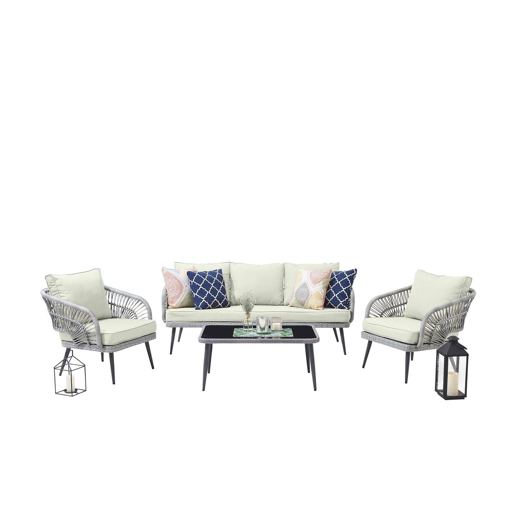 Manhattan Comfort Riviera Rope Wicker 4-Piece 5 Seater Patio Conversation Set With Cushions In Cream