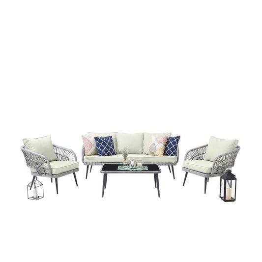 Manhattan Comfort Riviera Rope Wicker 4-Piece 5 Seater Patio Conversation Set With Cushions In Cream