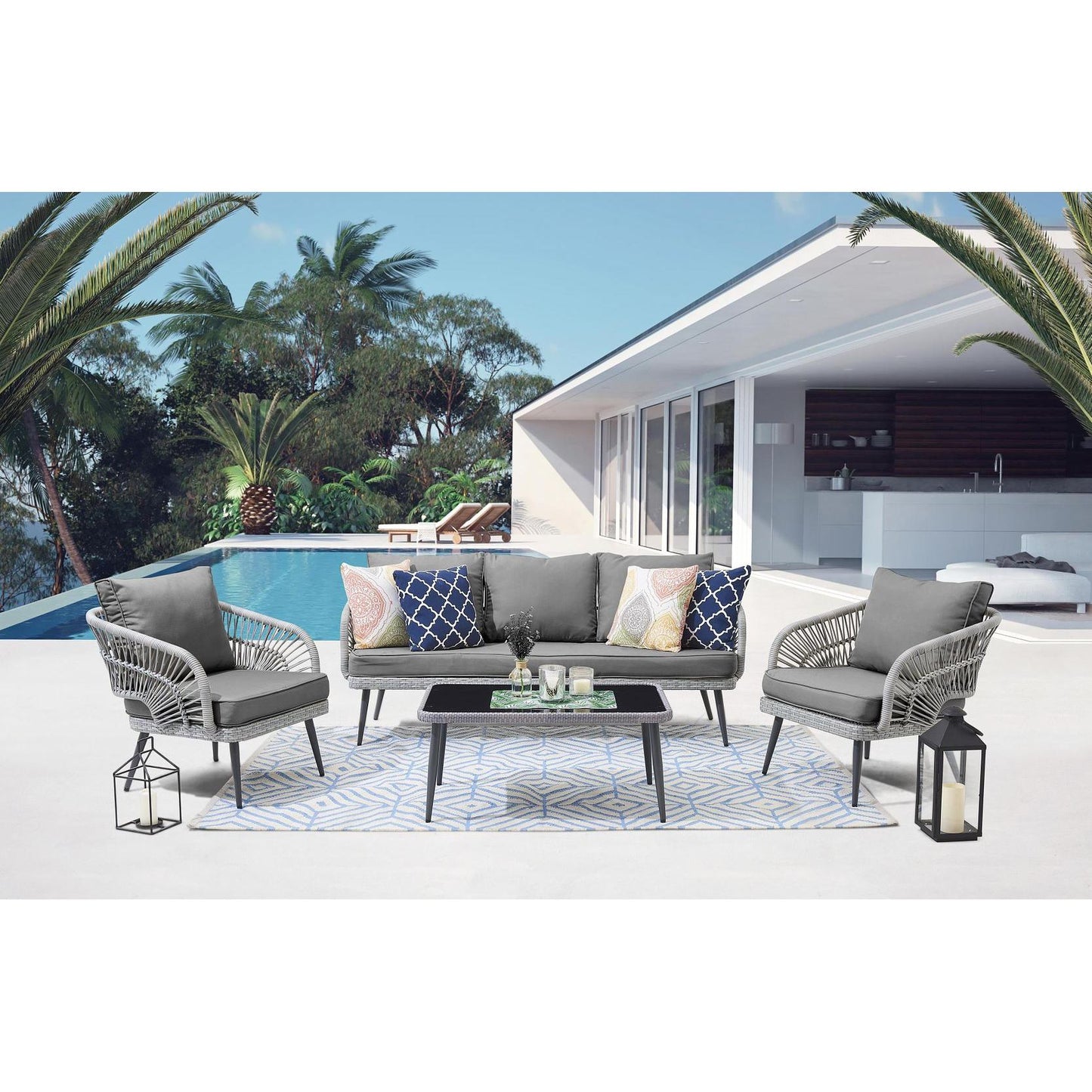 Manhattan Comfort Riviera Rope Wicker 4-Piece 5 Seater Patio Conversation Set With Cushions In Gray