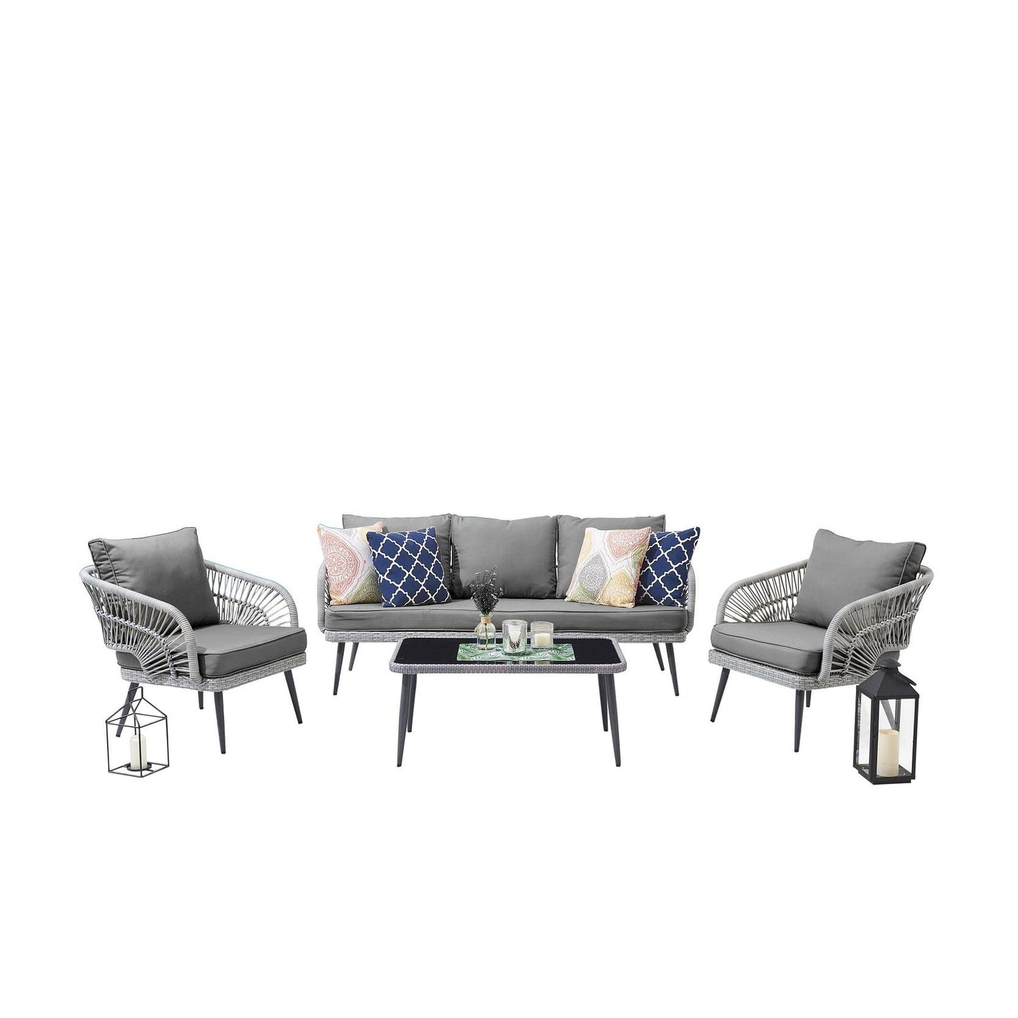 Manhattan Comfort Riviera Rope Wicker 4-Piece 5 Seater Patio Conversation Set With Cushions In Gray