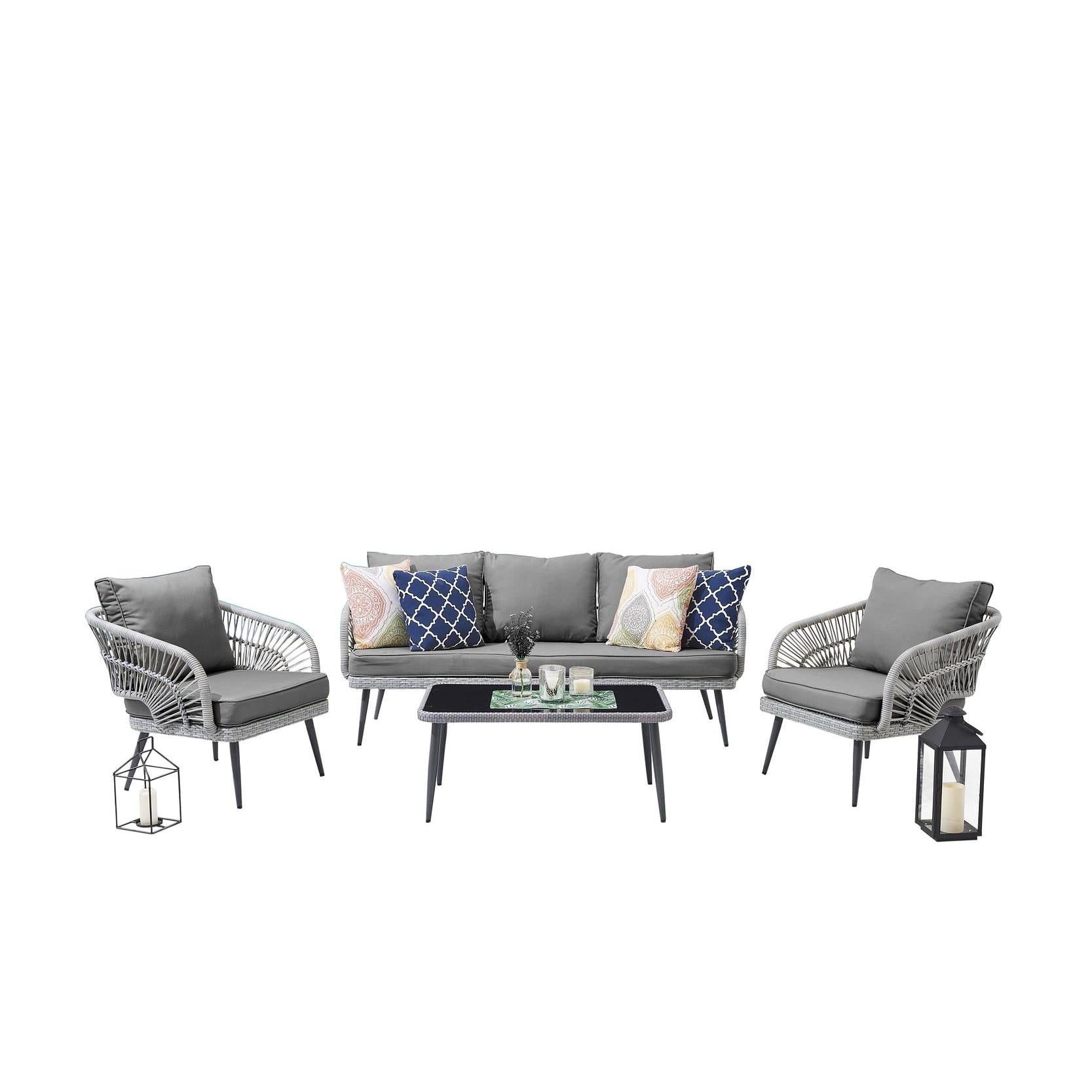 Manhattan Comfort Riviera Rope Wicker 4-Piece 5 Seater Patio Conversation Set With Cushions In Gray