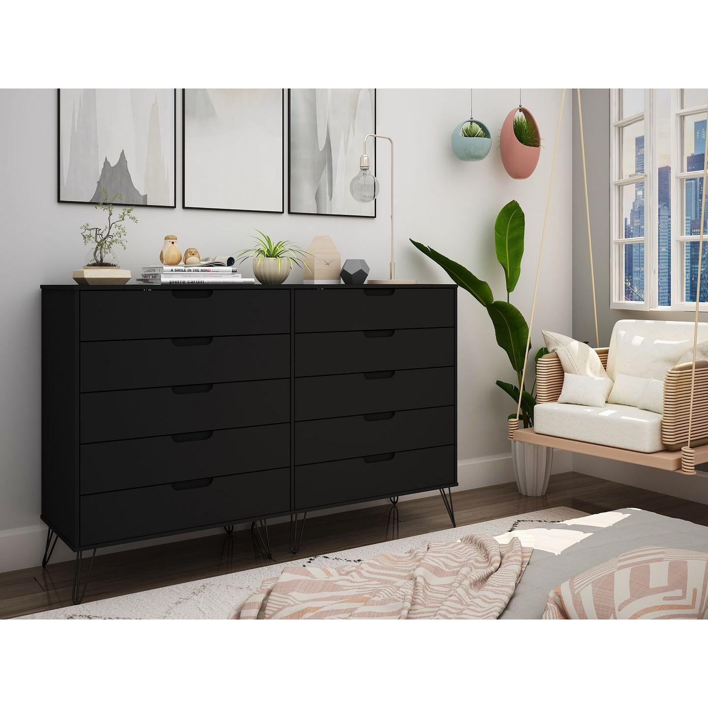 Manhattan Comfort Rockefeller 10-Drawer Double Tall Cabinet With Metal Legs In Black
