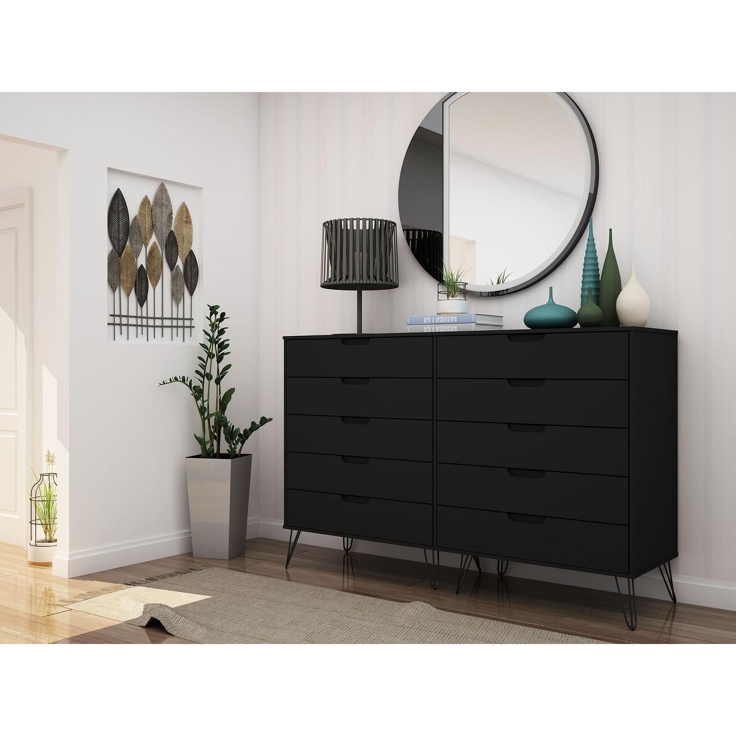 Manhattan Comfort Rockefeller 10-Drawer Double Tall Cabinet With Metal Legs In Black