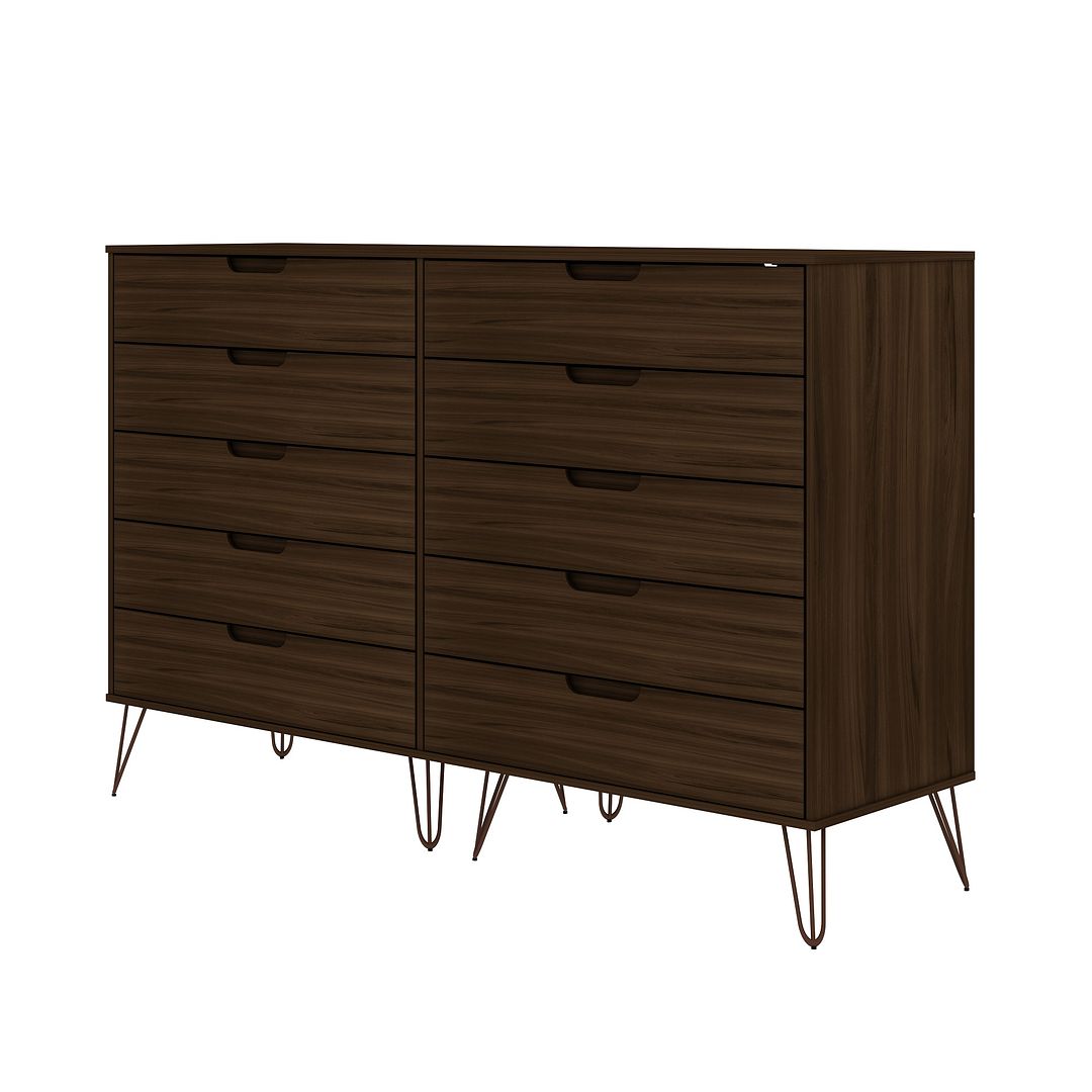 Manhattan Comfort Rockefeller 10-Drawer Double Tall Cabinet With Metal Legs In Brown