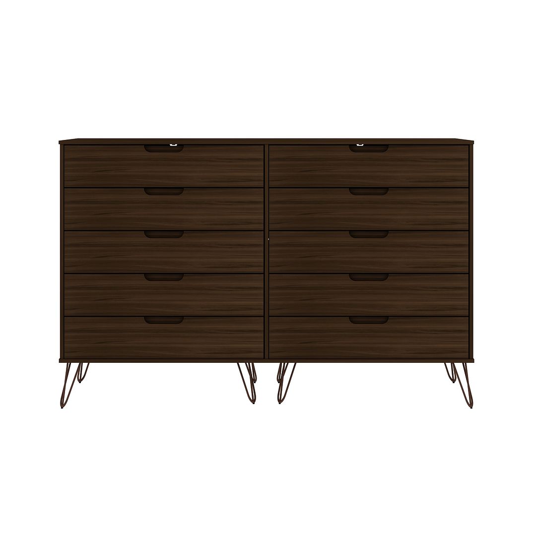 Manhattan Comfort Rockefeller 10-Drawer Double Tall Cabinet With Metal Legs In Brown