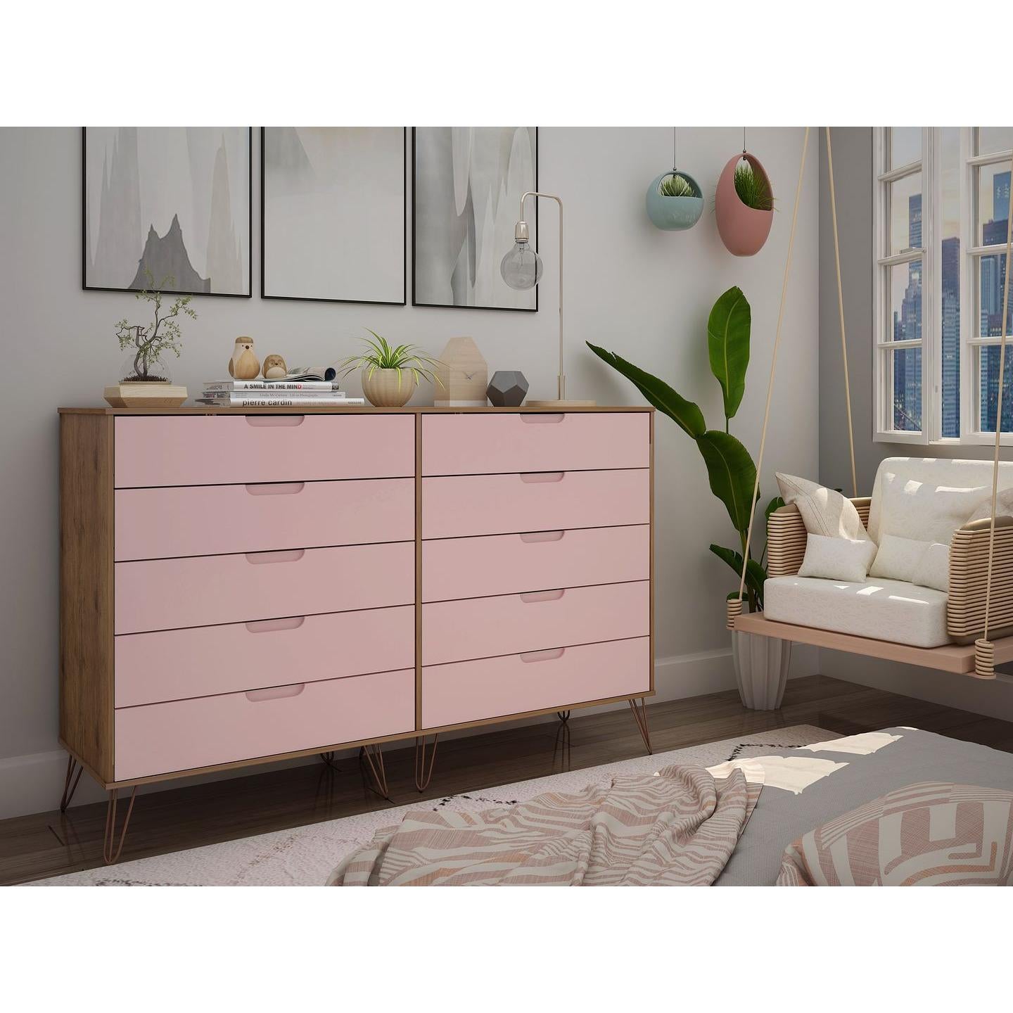 Manhattan Comfort Rockefeller 10-Drawer Double Tall Cabinet With Metal Legs In Nature & Rose Pink