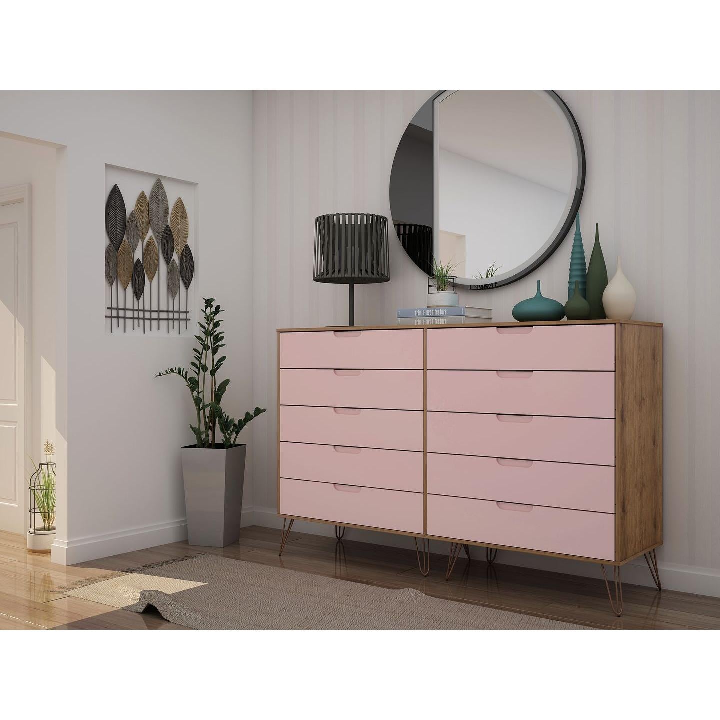 Manhattan Comfort Rockefeller 10-Drawer Double Tall Cabinet With Metal Legs In Nature & Rose Pink