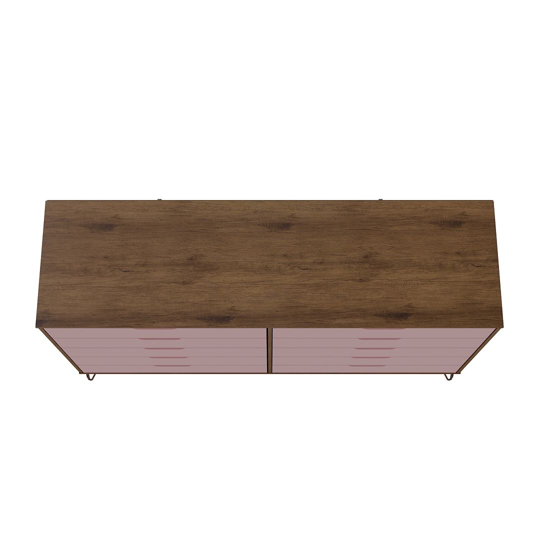 Manhattan Comfort Rockefeller 10-Drawer Double Tall Cabinet With Metal Legs In Nature & Rose Pink