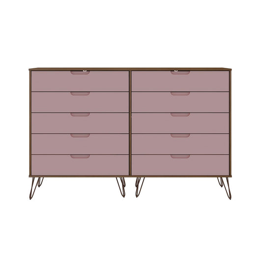Manhattan Comfort Rockefeller 10-Drawer Double Tall Cabinet With Metal Legs In Nature & Rose Pink