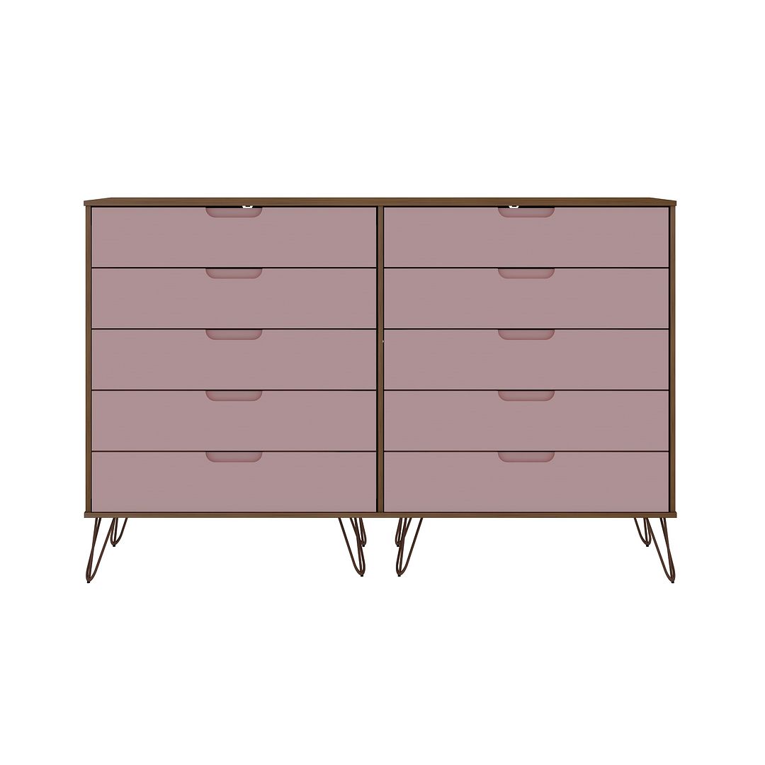 Manhattan Comfort Rockefeller 10-Drawer Double Tall Cabinet With Metal Legs In Nature & Rose Pink