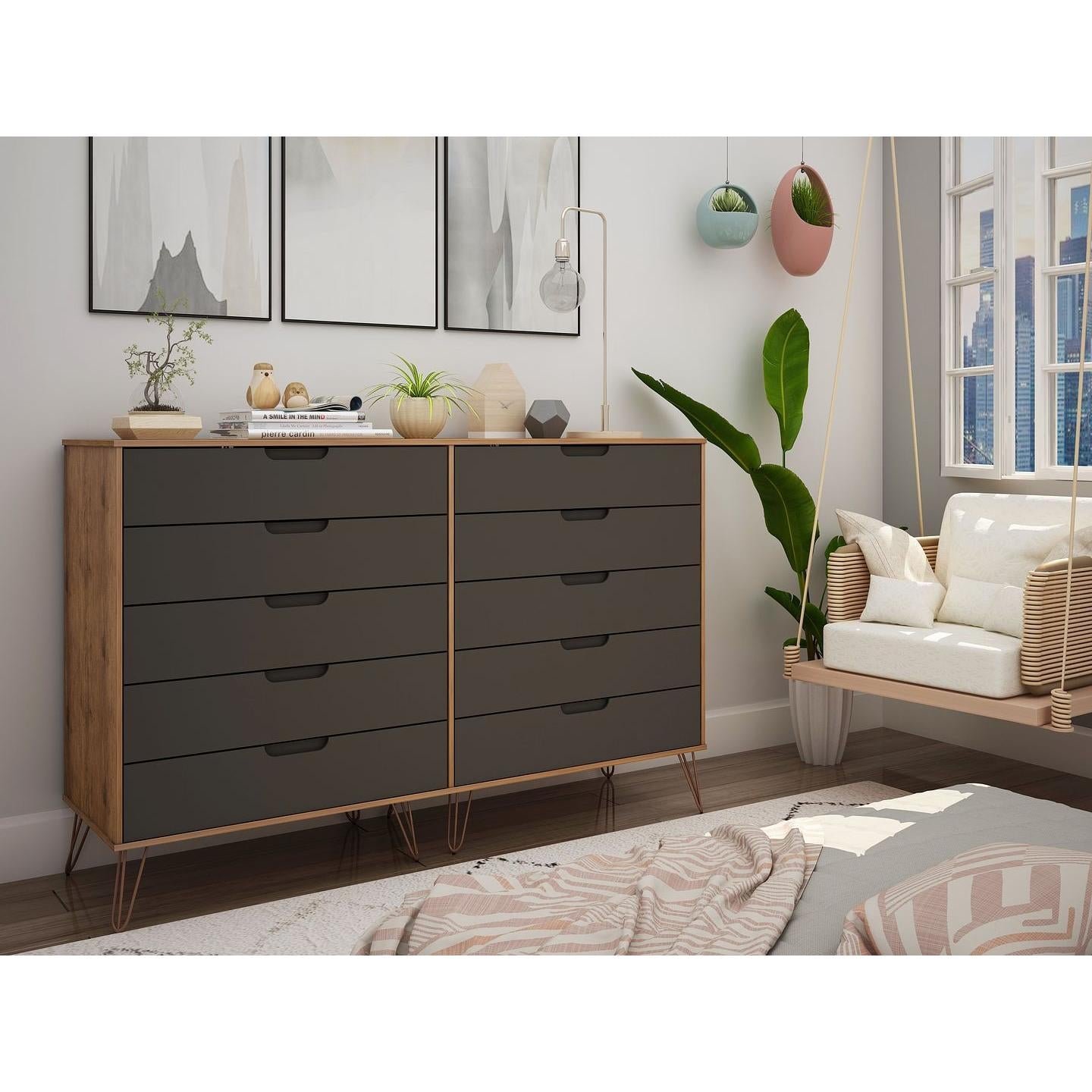 Manhattan Comfort Rockefeller 10-Drawer Double Tall Cabinet With Metal Legs In Nature & Textured Gray