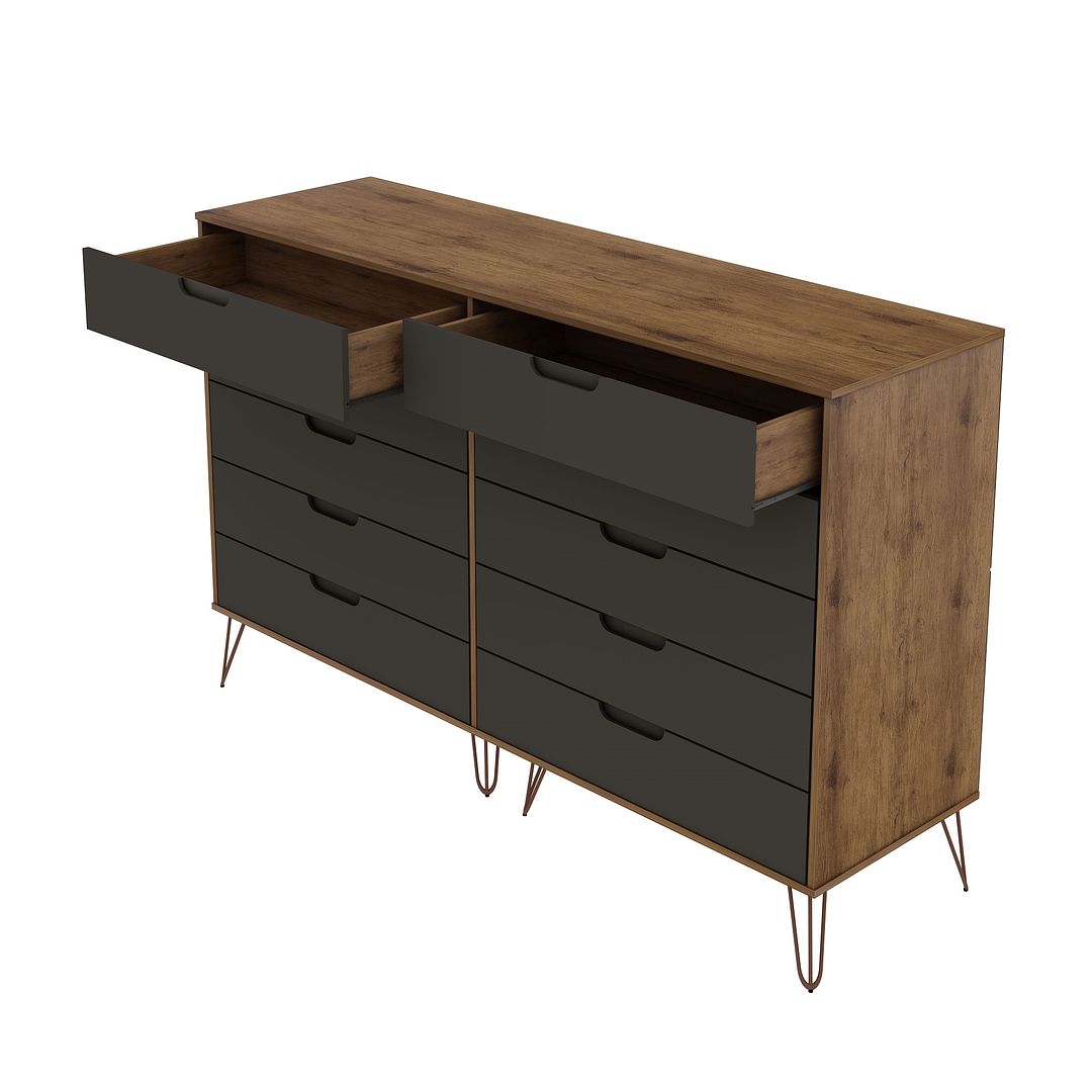 Manhattan Comfort Rockefeller 10-Drawer Double Tall Cabinet With Metal Legs In Nature & Textured Gray