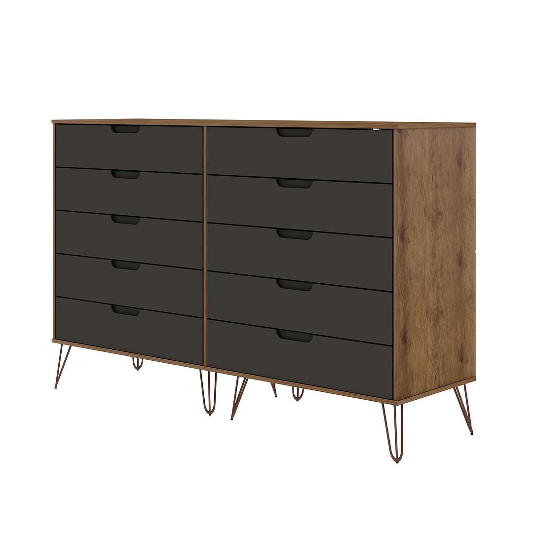 Manhattan Comfort Rockefeller 10-Drawer Double Tall Cabinet With Metal Legs In Nature & Textured Gray