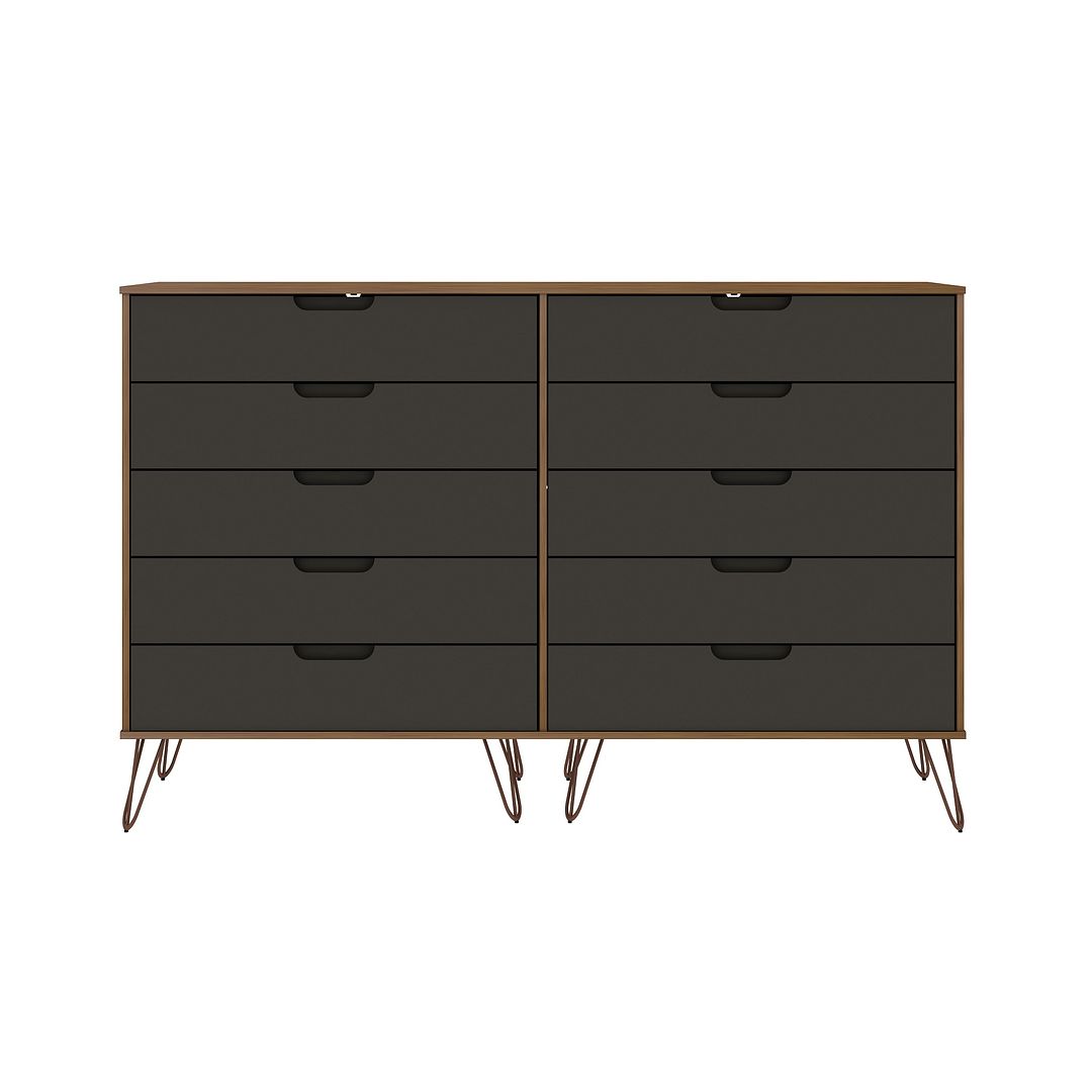 Manhattan Comfort Rockefeller 10-Drawer Double Tall Cabinet With Metal Legs In Nature & Textured Gray