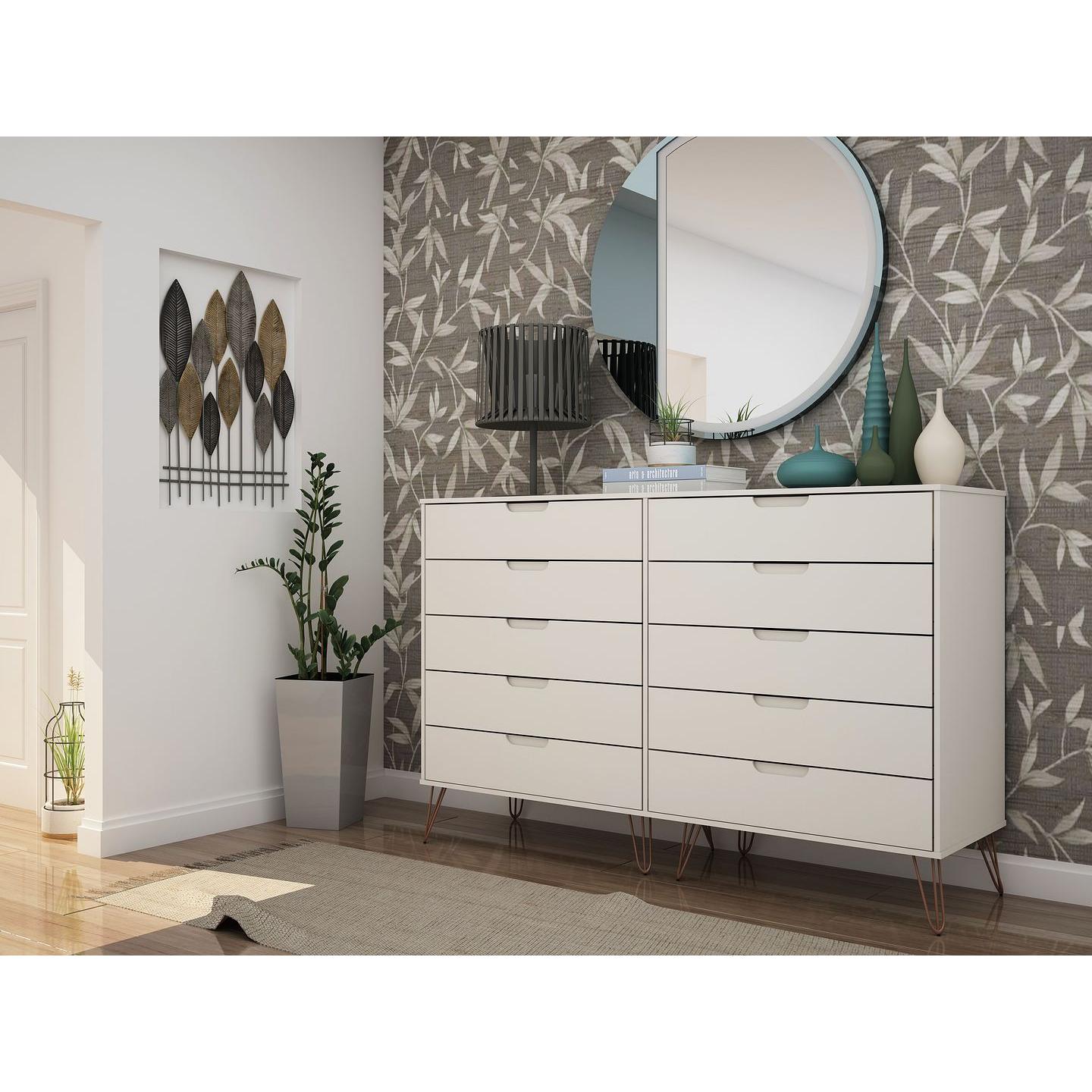 Manhattan Comfort Rockefeller 10-Drawer Double Tall Cabinet With Metal Legs In Off White