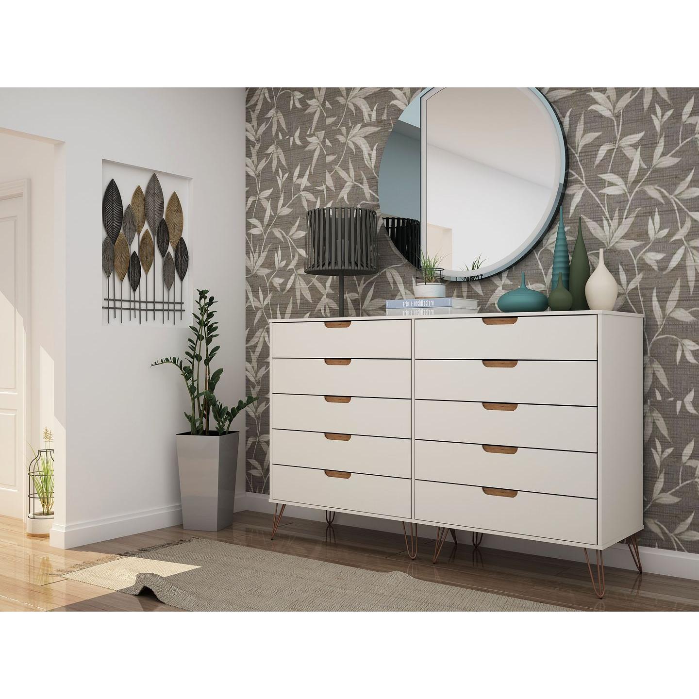 Manhattan Comfort Rockefeller 10-Drawer Double Tall Cabinet With Metal Legs In Off White & Nature