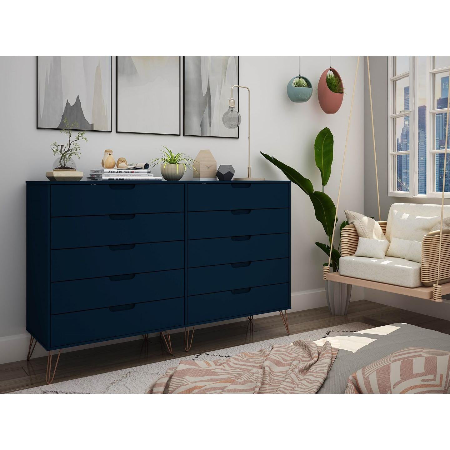 Manhattan Comfort Rockefeller 10-Drawer Double Tall Cabinet With Metal Legs In Tatiana Midnight Blue
