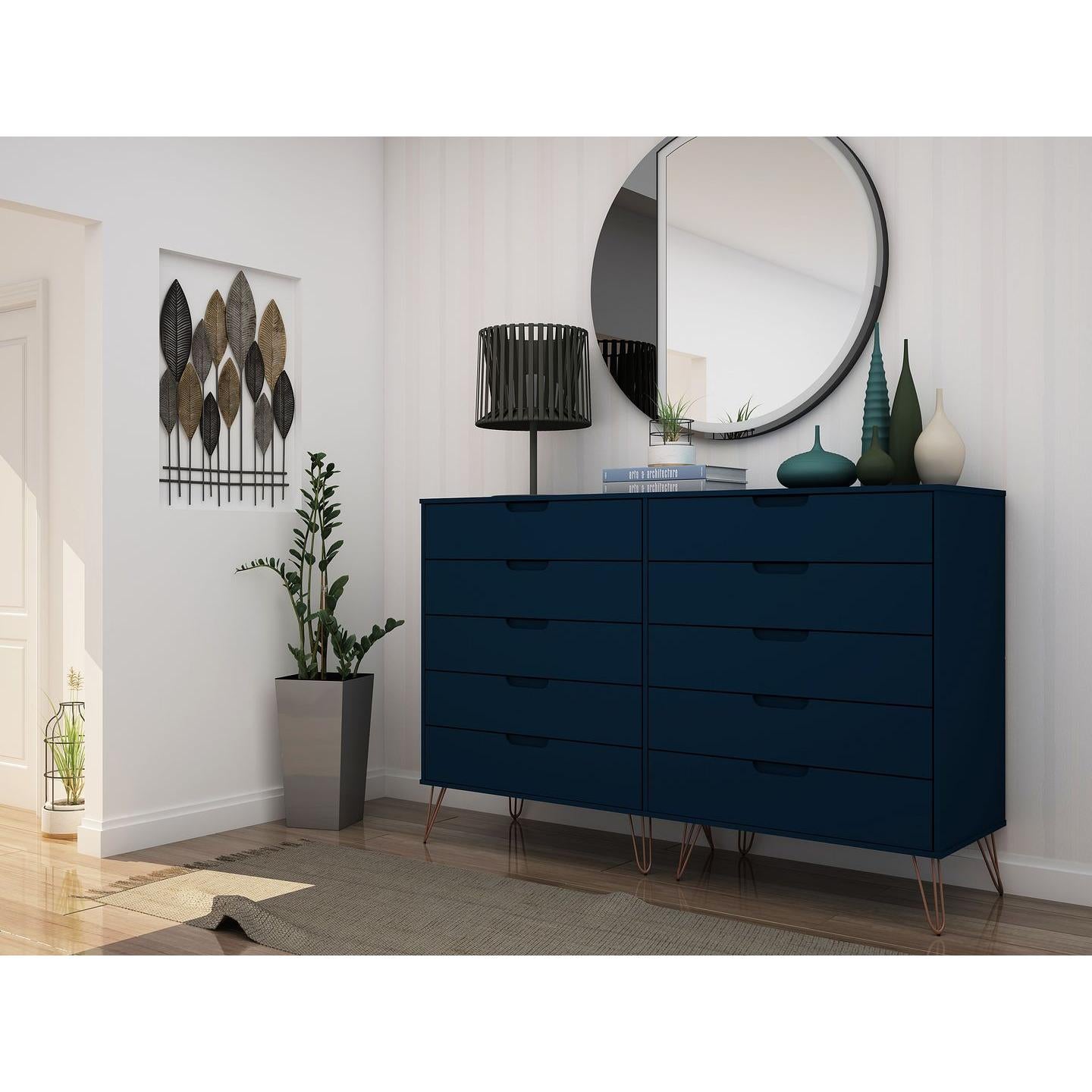 Manhattan Comfort Rockefeller 10-Drawer Double Tall Cabinet With Metal Legs In Tatiana Midnight Blue