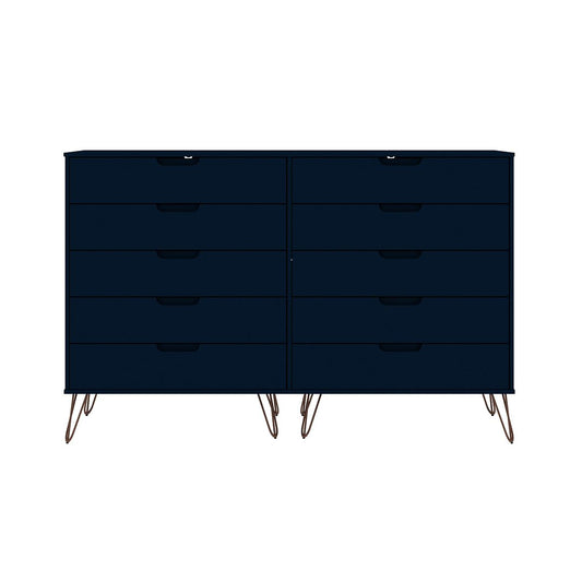 Manhattan Comfort Rockefeller 10-Drawer Double Tall Cabinet With Metal Legs In Tatiana Midnight Blue