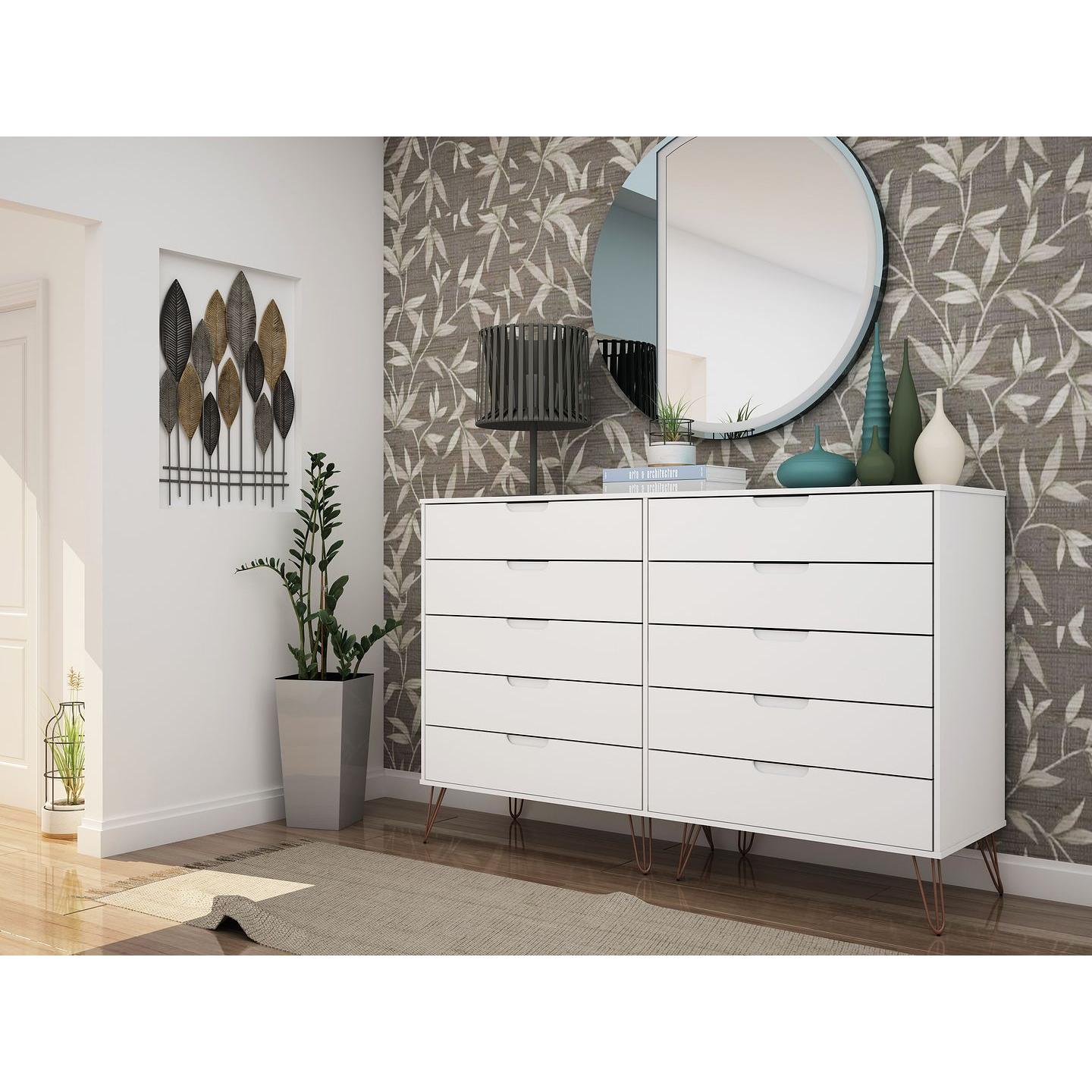 Manhattan Comfort Rockefeller 10-Drawer Double Tall Cabinet With Metal Legs In White