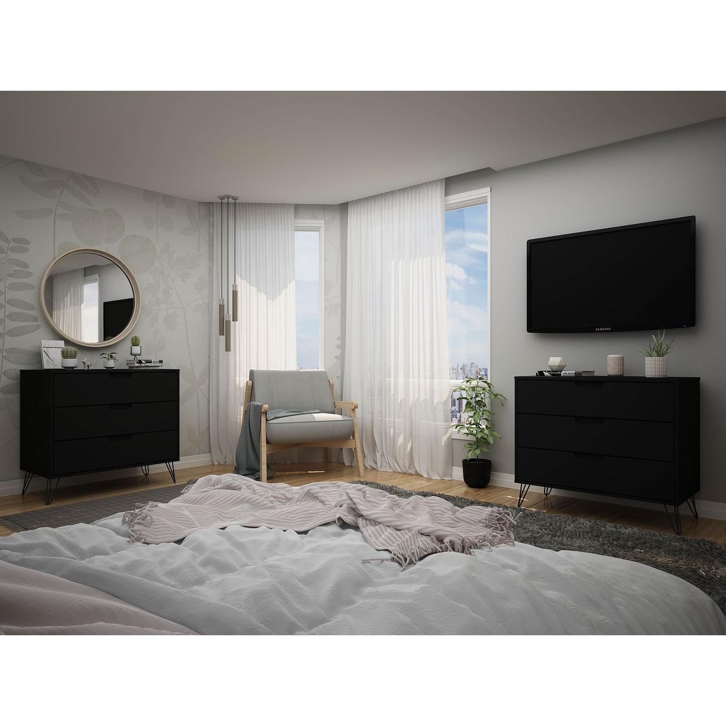 Manhattan Comfort Rockefeller 3-Drawer Black Dressers In A Set Of 2