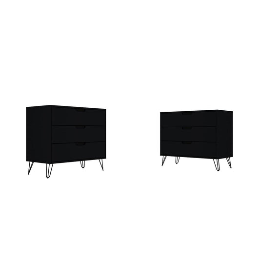 Manhattan Comfort Rockefeller 3-Drawer Black Dressers In A Set Of 2