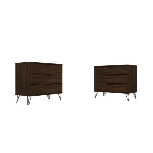 Manhattan Comfort Rockefeller 3-Drawer Brown Dressers In A Set Of 2